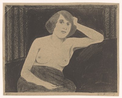 裸体女性，坐在沙发上，手放在头上 作者 Samuel Jessurun de Mesquita (signed by artist)