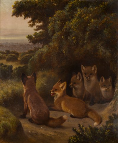 一窝狐狸幼崽，约 1855-92 年（布面油画） 作者 塞缪尔·约翰·卡特