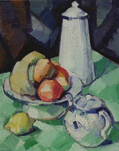 与茶壶和果子的静物画在一张绿色桌布，c.1913 作者 Samuel John Peploe