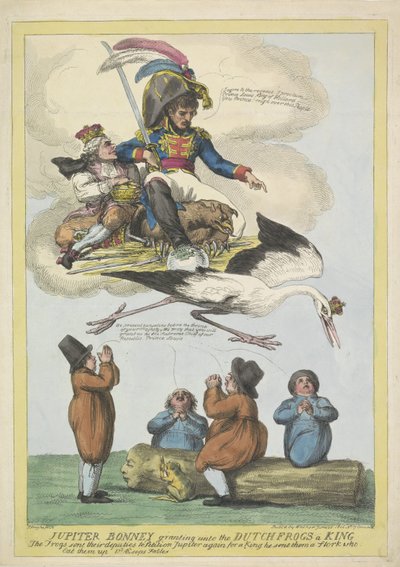 拿破仑将路易-拿破仑作为国王以鹳的形式送往荷兰，1806 年
朱庇特-邦尼授予荷兰青蛙国王（物品上的标题） 作者 Samuel Knight