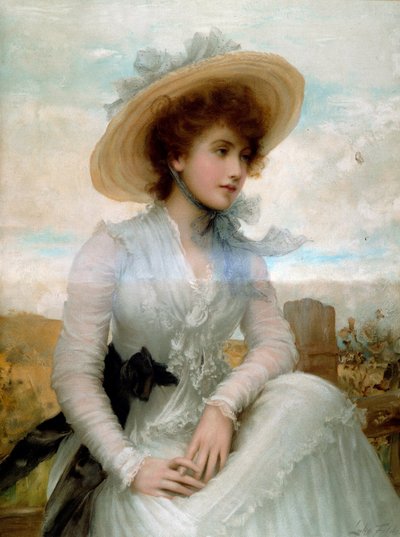 戴草帽的年轻女子肖像 塞缪尔·卢克·菲尔德斯 (Samuel Luke Fildes) 版画 (1843-1927) 19 世纪巴黎，装饰艺术 作者 塞缪尔·卢克·菲尔德斯