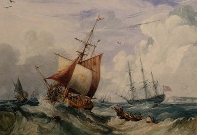 一个法国人在多佛尔附近的海浪中钓鱼（水彩）。 作者 塞缪尔·欧文（Samuel Owen）