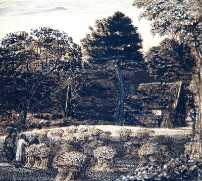 肖勒姆的玉米田，黄昏时分，约1830年（卡片上的钢笔、水墨和印度墨）。 作者 塞缪尔·帕尔默（Samuel Palmer）