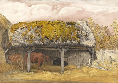 一座生苔屋顶的牛舍，约摄于1829年（钢笔和墨水，水彩和水粉纸本） 作者 塞缪尔·帕尔默（Samuel Palmer）