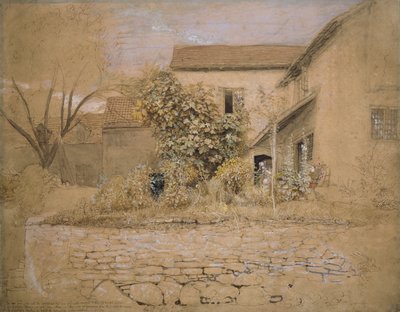 1835年Tintern的一个房子和花园（笔和墨水，厕所和石墨上的黑色粉笔和粉红色浅黄色纸上的黑色粉笔） 作者 塞缪尔·帕尔默（Samuel Palmer）