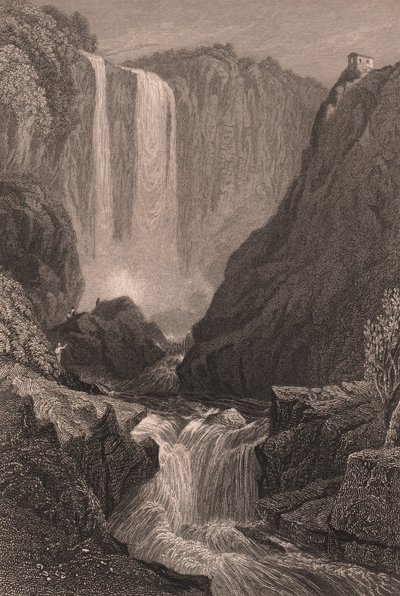 意大利翁布里亚特尔尼附近的马尔莫尔瀑布 (Cascata delle Marmore) 景观，由 Samuel Prout（1783-1852 年）绘制后的钢雕刻，约 15x11.5 厘米 作者 塞缪尔·普鲁特