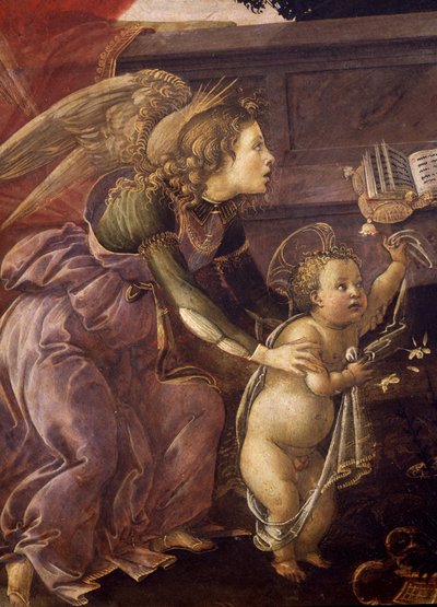 三位天使的圣母子（Madonna del Padiglione），天使与基督的细节 作者 桑德罗·波提切利（Sandro Botticelli）