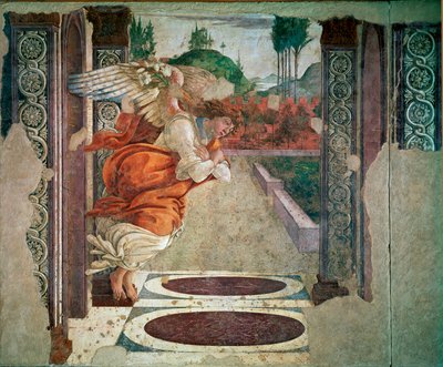 天使报喜细节。 Alessandro di Mariano dei Filipepi 和 Sandro Botticelli（1445-1510）的壁画。 1481 Sun. 245x535 cm 佛罗伦萨，乌菲兹美术馆（办公室） 作者 桑德罗·波提切利（Sandro Botticelli）