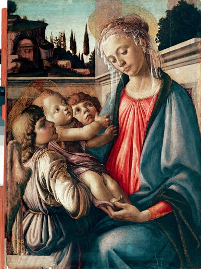桑德罗-菲利佩（Sandro Filipepi）又名波提切利（Botticelli）（1445-1510）1468-1469年创作的《圣母与双子》（Madonna has Child with Two Angels Detrempe on Wood）。100x71厘米 那不勒斯，卡波迪蒙特国家美术馆 - 圣母和孩子与两个天使，由桑德罗-菲利佩又名波提切利（1445-1510）。脾气 作者 桑德罗·波提切利（Sandro Botticelli）