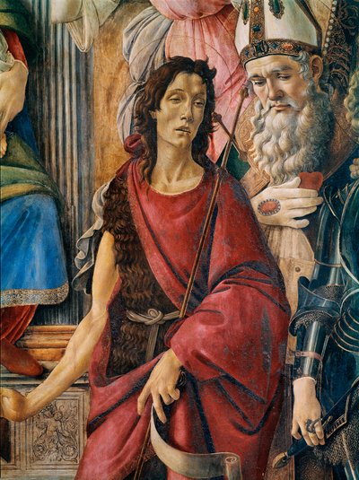Pala di San Barnaba（圣巴纳巴祭坛画）。圣母与亚历山大的圣凯瑟琳、圣奥古斯丁、圣巴纳巴和施洗者圣约翰、安提阿的圣依纳爵和天使长圣米迦勒在一起，有一个孩子。显示圣约翰的细节 作者 桑德罗·波提切利（Sandro Botticelli）