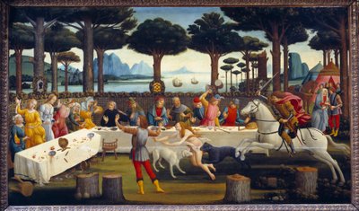 Story of Nastagio degli Onesti: Banquet in the pine forest, third panel in a series of four: Nastagio, unhappy in love, invites the woman he loves and his family has a banquet to show them the epilogue of a story similar to his own between a rider and the  作者 桑德罗·波提切利（Sandro Botticelli）
