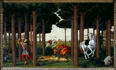 Story of Nastagio degli Onesti: Infernal Hunt”” second panel in a series of four: Nastagio, unhappy in love, attends the evisceration of a young woman guilty of not exchanging the love that a knight bears, and who will be devoured by dogs. From a short sto 作者 桑德罗·波提切利（Sandro Botticelli）