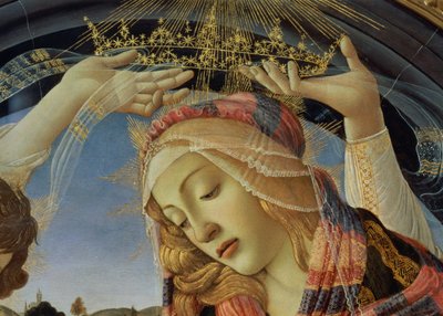 圣母玛利亚，圣母脸和王冠的细节 作者 桑德罗·波提切利（Sandro Botticelli）