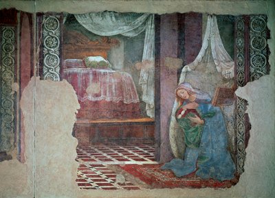 圣母领报细节。 Alessandro di Mariano dei Filipepi 和 Sandro Botticelli（1445-1510）的壁画。 1481 Sun. 245x535 cm 佛罗伦萨，乌菲兹美术馆（办公室） 作者 桑德罗·波提切利（Sandro Botticelli）
