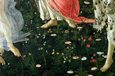 Primavera：面板上的花蛋彩画细节 作者 桑德罗·波提切利（Sandro Botticelli）