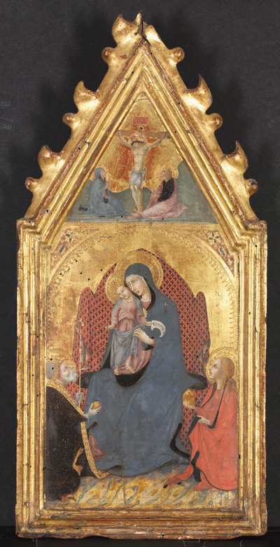 圣母和儿童由圣徒玛丽·抹大拉的马里（Mary Magdalene）和巴里的尼古拉斯（Nicolas）所崇拜，基督被钉十字架...，1400年代。 作者 Sano di Pietro