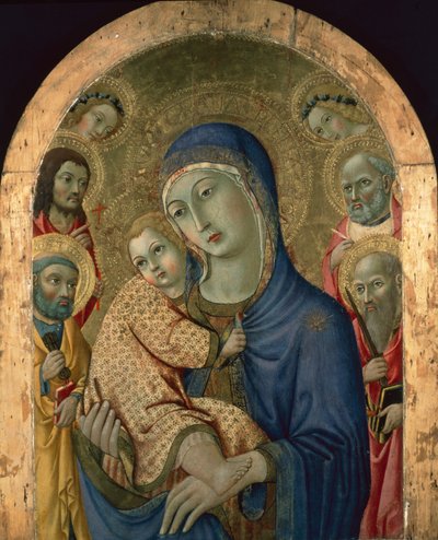 圣母子与圣徒和天使》（面板上的钢笔画） 作者 Sano di also Ansano di Pietro di Mencio Pietro