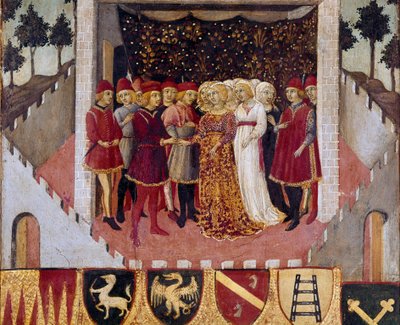 锡耶纳市贵族夫妇的婚礼仪式 Sano di Pietro (1406-1481) 装饰 Biccherna（锡耶纳市会计登记册封面）1473。锡耶纳 Archivio di Stato，意大利 作者 萨诺·迪·迪耶特罗·门西奥·皮耶特罗