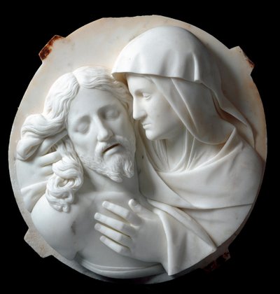 Santo Varni (1807-1885) 1863-1870 的圣母怜子图大理石雕塑。 暗淡。 56x52x12 厘米来自Odon di savoia 王子的收藏。 Genes, Galleria d