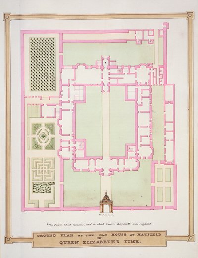 伊丽莎白女王时代哈特菲尔德老房子的平面图，自1825年出版的“伊丽莎白女王法院回忆录”（纸上水粉和水粉） 作者 艾塞克斯（Essex）的莎拉伯爵夫人（Sarah Countess）