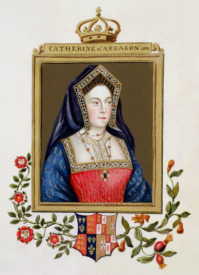 阿拉贡凯瑟琳的肖像（1485-1536）亨利八世的第一任女王，来自“伊丽莎白女王法院回忆录”，于1825年出版（纸上有水粉和水粉） 作者 艾塞克斯（Essex）的莎拉伯爵夫人（Sarah Countess）