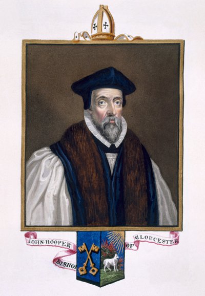 John Hooper的肖像（d.1555）格洛斯特主教出自1825年出版的“伊丽莎白女王法院回忆录”（纸上水粉和水粉） 作者 艾塞克斯（Essex）的莎拉伯爵夫人（Sarah Countess）