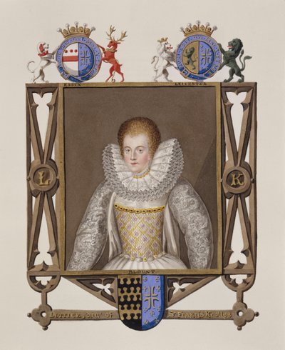Lettice Knollys的肖像（约1541  -  1634年）1825年出版的伊丽莎白女王法院回忆录中的弗朗西斯·克诺利斯爵士的女儿（纸本水粉和水粉） 作者 艾塞克斯（Essex）的莎拉伯爵夫人（Sarah Countess）