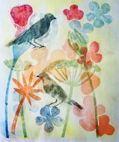 Two birds and flowers,2019 (Ink monoprint) 作者 莎拉·汤普森·恩格斯