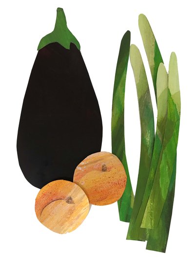 asparagus, apricots,aubergine,2019 (collage) 作者 莎拉·汤普森·恩格斯