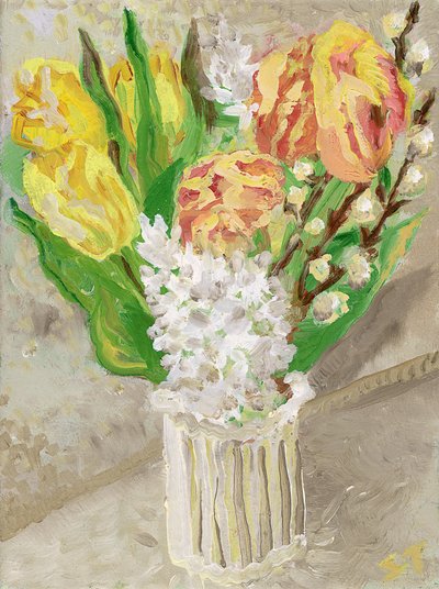 郁金香和风信子，约 2023 年（布面油画） 作者 莎拉·都铎