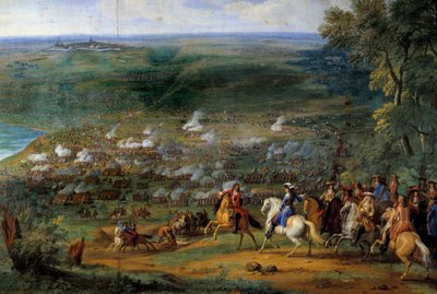 三十年战争："1643年5月19日罗克罗伊（Rocroi）战役景象，英吉利公爵的法国军队与弗朗西斯科-德-梅洛的西班牙军队对峙 "细节，由索维尔-勒孔特（Leconte，Le Comte，Lecomte）（1659-1694）绘画。 作者 勒·孔戴