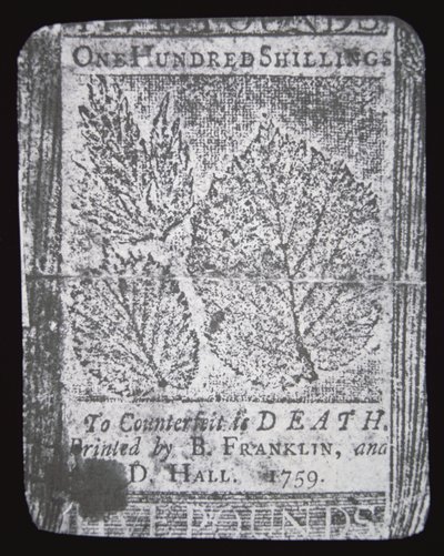 本杰明·富兰克林于 1759 年设计和印刷的 100 先令纸币（石版印刷） 作者 美国学校