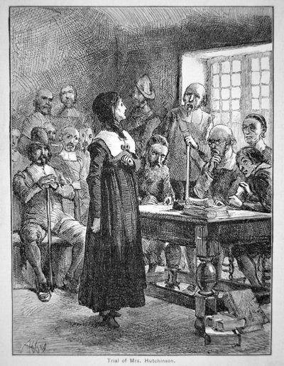 安妮哈钦森因冒犯马萨诸塞州的清教徒神职人员而受审（石版画） 作者 美国学校