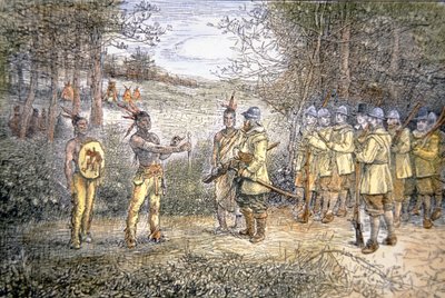 1621年Miles Standish船长与Wampanoag印第安人进行交易（彩色平印）。 作者 美国学校