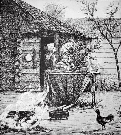 农场场景--一名妇女在清洗桶旁，根据J.S.霍奇森的插图绘制（平版）。 作者 美国学校