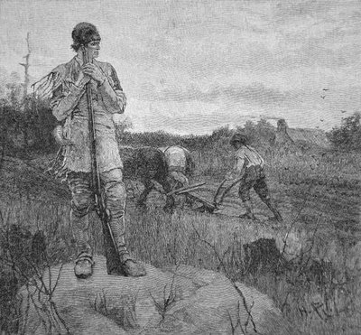 在霍华德派尔（石版画）的插图后保护农场免受印度袭击 作者 美国学校