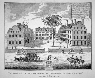 哈佛学院，马萨诸塞州剑桥市，约1739年（石印）。 作者 美国学校