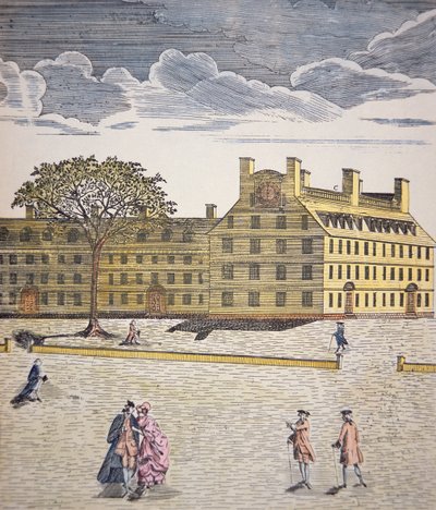 马萨诸塞州剑桥市哈佛学院 c.1740（彩色石版画） 作者 美国学校