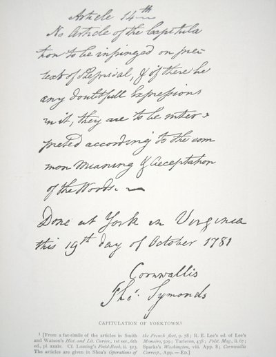 康沃利斯勋爵签署的《约克镇投降书》（Letter of Capitulation of Yorktown）。 作者 美国学校