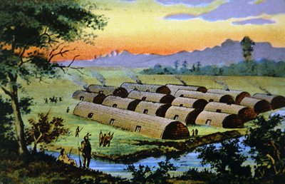 纽约市曼哈顿岛，在荷兰人定居于此之前，显示出瓦平格联盟的一个印第安人村庄（彩色平印）。 作者 美国学校