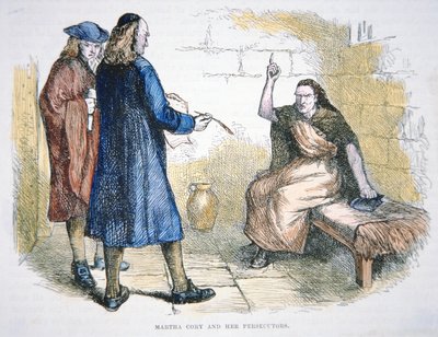 在1692年的塞勒姆女巫审判中，玛莎-科里被指控实施了巫术（彩色平版印刷）。 作者 美国学校