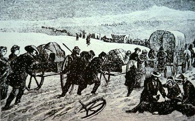 在暴风雪中驶向犹他州盐湖城的摩门教马车（雕版画） 作者 美国学校