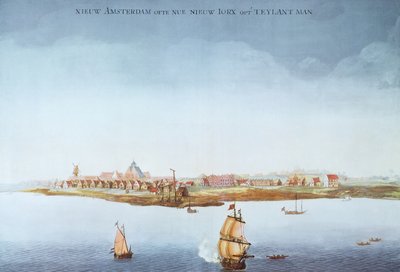 1650年曼哈顿岛的新阿姆斯特丹（彩色平版印刷）。 作者 美国学校