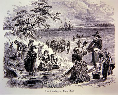 Pilgrim Fathers于1620年登陆美国--在科德角登陆，显示妇女在工作（平版）。 作者 美国学校