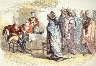 1763年，庞蒂亚克在底特律堡拜访格拉德温少校（彩色平印）。 作者 美国学校