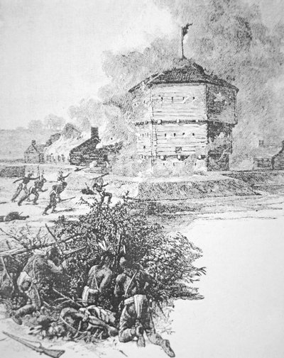 1763 年春天渥太华部落首领庞蒂亚克围攻底特律堡（石版画） 作者 美国学校