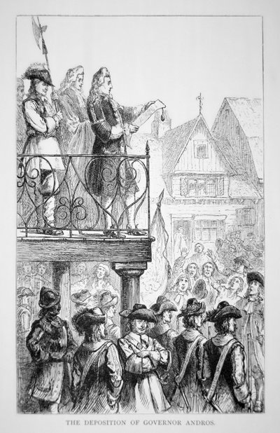 埃德蒙·安德罗斯爵士于 1686 年宣布新英格兰自治领为总督（litho） 作者 美国学校