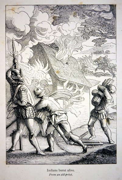 西班牙人在美洲烧毁了一个印第安人的村庄（石印）。 作者 美国学校