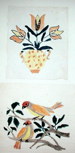 郁金香花瓶和树上的两只鸟（纸上水彩画） 作者 美国学校