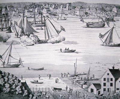纽约东河景观，约1750年，有一个造船中心（石印）。 作者 美国学校
